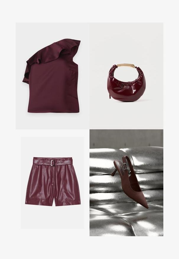 Top en satin bordeaux avec un design à épaules dénudées à volants. Texture lisse avec une coupe asymétrique et une poche latérale discrète.; Shorts en simili cuir bordeaux avec une large taille, une ceinture avec une boucle en argent et des plis à l'avant pour une silhouette décontractée.; Chaussure slingback pointue marron avec talon bas et bride à boucle reposant sur une surface capitonnée argentée métallique brillante.; Sac à main en simili cuir bordeaux avec une forme arrondie, des détails froncés et une anse en métal doré. Texture lisse et finition brillante.