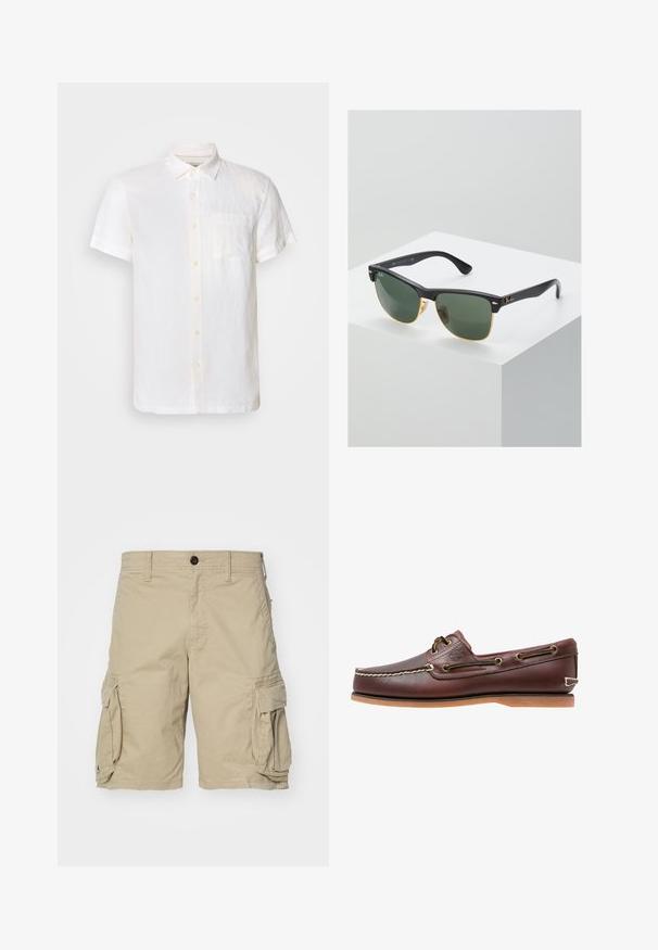 Scotch & Soda CORE SHIRT - Skjorter - off white; Beige cargo shorts lavet af bomuldsstof, med sidelommer, knaplukning og en lige skæring. Glat tekstur.; Brun læder bådsko med hvide sømme, snøre detaljer og lysbrun gummisål, vist fra siden på hvid baggrund.; Ray-Ban solbriller med grønne linser, sorte plastikstel og gyldne detaljer ved kanterne. Firkantet form med mat finish.