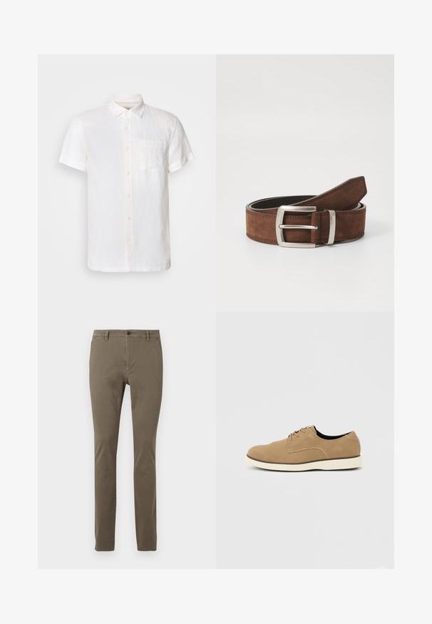Scotch & Soda CORE SHIRT - Chemise - off white; Pantalons khaki ajustés avec passants de ceinture, bouton avant, fermeture éclair et poches latérales, présentés sur un fond blanc.; Chaussure à lacets en daim marron clair avec semelle blanche et coupe basse à la cheville, vue de profil sur un fond neutre.; Ceinture en suède marron avec une boucle en métal argenté et des détails de coutures linéaires. La ceinture est plate et a une largeur et une forme classiques.