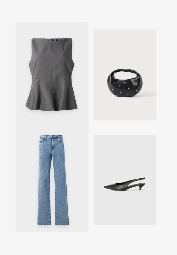 Hallhalli peplum top, mille on struktuurne, ilma varrukateta disain. Valmistatud siledast kangast, millel on vertikaalsed õmblused ja sirge kaelus.; Noisy May Straight fit NMYOLANDA - Wide leg - medium blue denim; Must musta säärega king, mis on valmistatud siledast nahast. Omab peenikest kontsa ja reguleeritaval rihmal on pandla detail.; Mustast nahast ümmarguse kujuga käekott, kaunistatud hõbedaste naeladega, lühikese sangaga. Sile tekstuur ja tõmblukuga sulgemine.