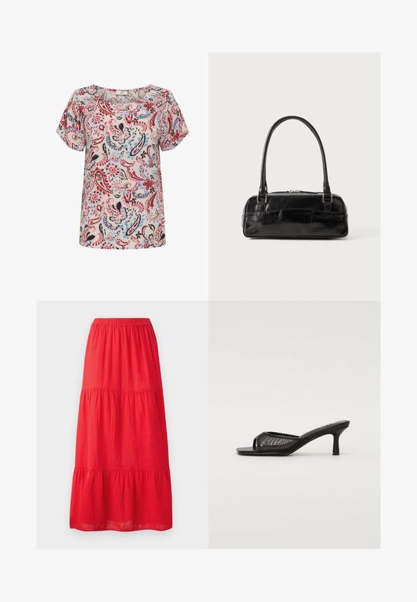 Blusa de manga corta con un patrón de paisley floral en rojo, azul y negro sobre un fondo claro, con escote redondo y corte relajado.; Falda maxi de algodón rojo con cinturilla elástica, que presenta tres volantes en capas y una textura suave. Diseño simple sin patrones visibles.; RAID TIANA - Zapatos de novia - black; Bolso de mano de cuero negro con forma rectangular, equipado con un asa estructurada, herrajes en plata y cierre de cremallera. Textura suave.