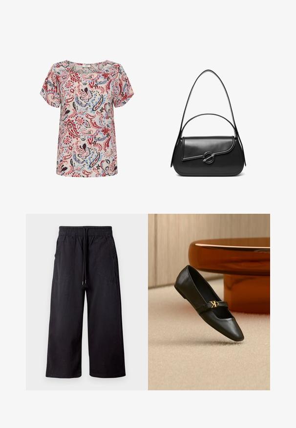 Kurzarmbluse mit einem Blumen-Paisley-Muster in Rot, Blau und Schwarz auf einem hellen Hintergrund, mit einem runden Halsauschnitt und lockerer Passform.; Schwarze, weit geschnittene Hose mit elastischem Bund und Kordelzug, mit vorderen aufgesetzten Taschen, vor hellem einfarbigem Hintergrund dargestellt.; Schwarzer flacher Lederschuh mit spitzer Kappe und goldenem CK-Logo auf dem Riemen, auf beigem Teppich neben einem runden bernsteinbraunen Tisch platziert.; Schwarze Lederschultertasche mit einer geschwungenen Klappe, die durch einen runden Metallverschluss gesichert ist, und einem schlanken, verstellbaren Riemen.