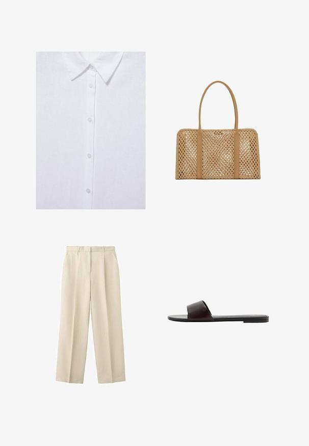 Chemise blanche boutonnée avec un col classique, montrant cinq boutons visibles à l’avant sur un tissu uni.; Pantalon beige taille haute à jambes larges avec passants pour ceinture et poches latérales avant, fabriqué en tissu texturé.; Sandale plate noire à enfiler avec une large bride unique et une semelle fine, vue de côté sur fond blanc.; Sac à main tissé rectangulaire couleur fauve avec deux longues poignées lisses et un motif en treillis ouvert sur l'ensemble du corps du sac.