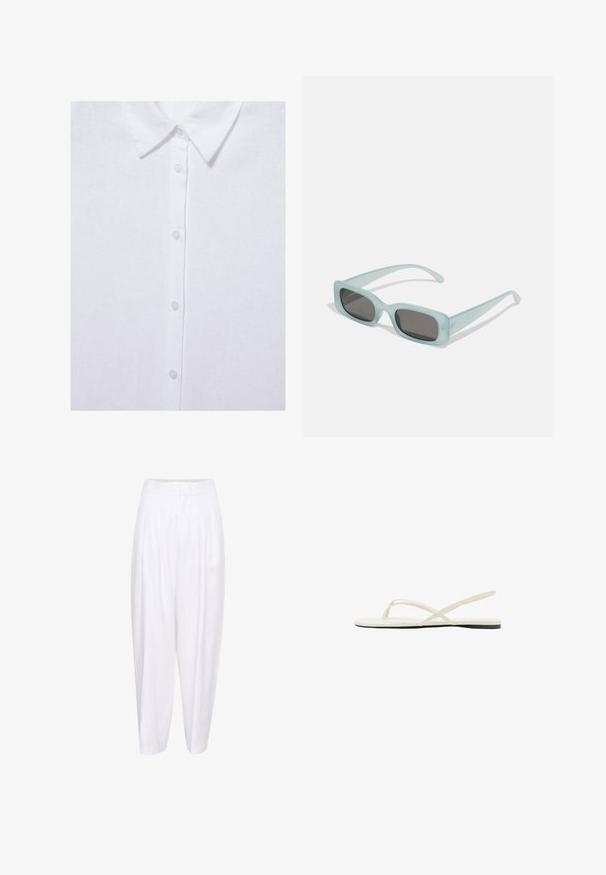Chemise blanche boutonnée avec un col classique, montrant cinq boutons visibles à l’avant sur un tissu uni.; Pantalons en lin blanc à taille haute, avec des plis sur le devant et une silhouette décontractée, se resserrant jusqu'à la cheville. Texture lisse, sans motifs.; Sandale plate blanche avec fines lanières croisées et une bride arrière, vue de côté sur fond blanc.; Une paire de lunettes de soleil rectangulaires avec des montures translucides bleu clair et des verres gris foncé, présentant des branches droites et des détails matériels minimaux.