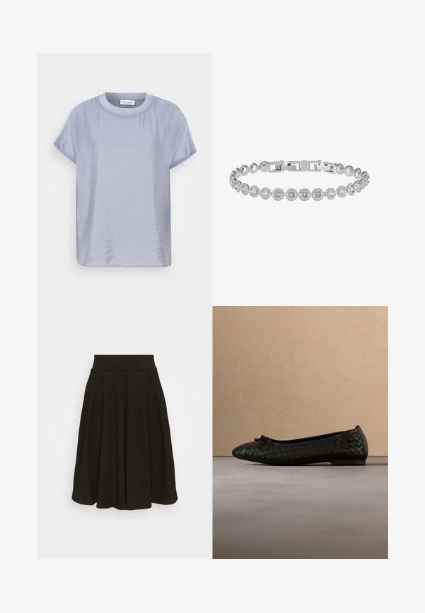 Hellblaues T-Shirt mit kurzen Ärmeln aus einem glatten, leicht glänzenden Stoff. Mit Rundhalsausschnitt und einer entspannten, boxy Passform. Minimalistisches Design.; Schwarz gefaltetem Rock mit einem breiten, elastischen Bund. Hergestellt aus einem weichen Stoff, mit einem knielangen Saum und glatter Textur.; Schwarzer gewebter Ballerina mit abgerundetem Zehenbereich, dünner Sohle und einer kleinen Schleifendekoration vorne. Abgebildet vor einem strukturierten beigen Hintergrund.; Silberarmband mit abwechselnd runden und ovalen Designs, verziert mit klaren Kristallen und Perlenakzenten; glatte, polierte Oberfläche, sicherer Verschluss.