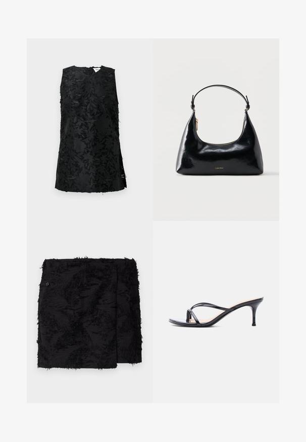 Top noir sans manches avec un motif floral texturé, doté d'un décolleté en V et de fentes sur les côtés. Fabriqué dans un tissu légèrement brillant. Fermeture à glissière au dos.; Jupe noire en tissu texturé avec des accents effilochés. Forme carrée, longueur au-dessus du genou et détail de bouton sur le côté.; Sandale à talon en cuir verni noir avec fines lanières croisées et talon aiguille moyen et élancé sur fond blanc.; Sac à main Calvin Klein noir brillant avec fermeture éclair dorée et anse courte sur fond blanc uni.