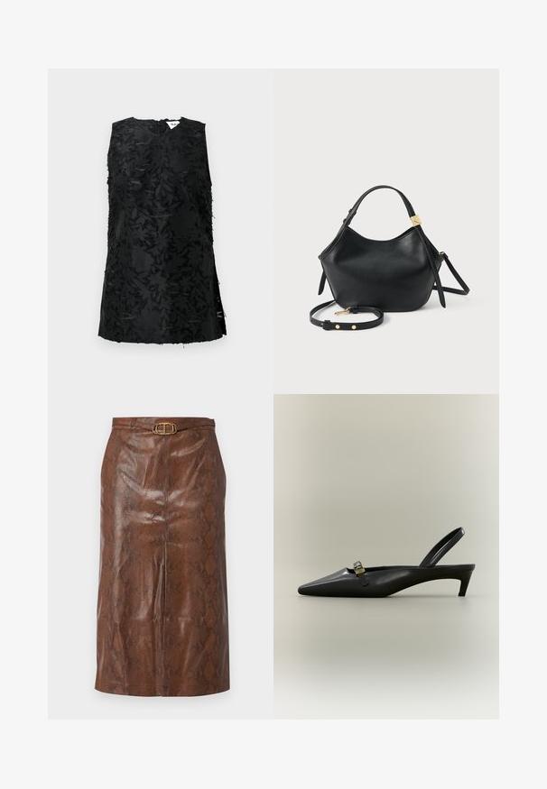 Sort ærmeløs top med struktureret blomsterdesign, der har V-udskæring og sideslidser. Fremstillet af stof med en let glans. Lynlås lukning i ryggen.; Brun imitation læder blyantskirt med slangeskinds mønster, der har en gylden oval spænde og en tætsiddende silhuet. Glat tekstur og knælang.; Sort læder slingback med kitten heel, spids tå og lille guldfarvet spænde på en ensfarvet baggrund.; Sort læderhåndtaske med et buet design, guldfarvede metaldele og en justerbar rem. Glat tekstur med lynlås på siden.