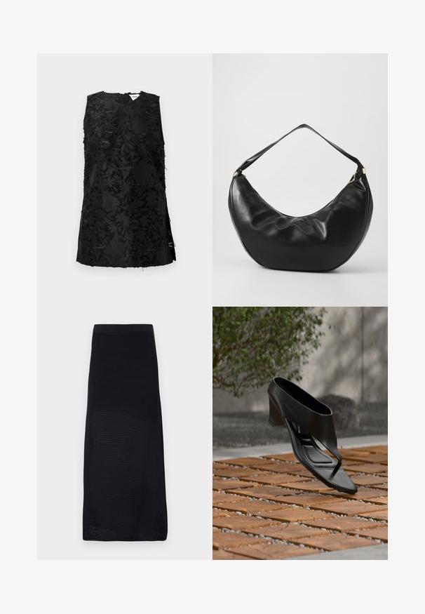 Sort ærmeløs top med struktureret blomsterdesign, der har V-udskæring og sideslidser. Fremstillet af stof med en let glans. Lynlås lukning i ryggen.; Sort midi nederdel lavet af struktureret mesh materiale med en tætsiddende talje og lige snit, prydet med en ensfarvet farve uden mønstre.; Sort højhælet sandal med thongsrem, svævende over et mønstret træ- og grusbelagt udendørsareal med sløret grønt område og væg i baggrunden.; Sort læder skuldertaske med en buet form, blød tekstur og en enkelt rem; har en guldbeslået lynlås og diskret branding.