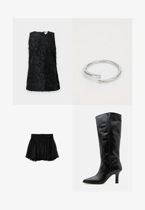 Top noir sans manches avec un motif floral texturé, doté d'un décolleté en V et de fentes sur les côtés. Fabriqué dans un tissu légèrement brillant. Fermeture à glissière au dos.; Jupe en dentelle noire avec un design plissé, dotée d'une taille ajustée et d'une doublure en tulle superposée pour plus de volume et de texture.; Botte en cuir noire mi-mollet avec bout pointu et talon moyen fin, avec un petit logo métallique près du bord supérieur.; Calvin Klein SPIRAL - Bracelet - silver-coloured