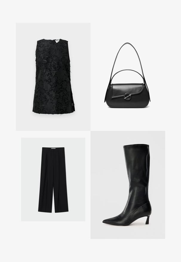 Top noir sans manches avec un motif floral texturé, doté d'un décolleté en V et de fentes sur les côtés. Fabriqué dans un tissu légèrement brillant. Fermeture à glissière au dos.; Pantalon noir taille haute à jambes larges avec passants de ceinture et plis devant, présenté sur un fond gris clair.; Botte en cuir noire, montant jusqu'au genou, avec un bout pointu et un petit talon. Texture lisse et design épuré avec des détails de couture subtils.; Sac à bandoulière en cuir noir avec un rabat incurvé fermé par un fermoir métallique rond et une sangle fine et ajustable.