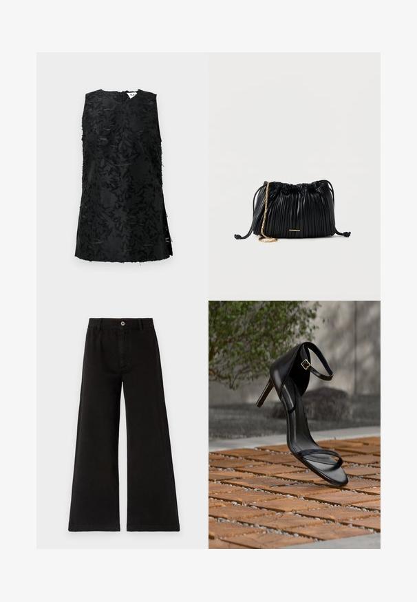 Top negro sin mangas con un patrón floral texturizado, con escote en V y aberturas laterales. Hecho de una tela con un ligero brillo. Cierre de cremallera en la parte posterior.; Pantalones anchos negros, hechos de algodón texturizado, presentan un cierre de botón en la parte frontal, trabillas para el cinturón y dobladillos rectos con detalles de costura limpia.; Sandalia negra de tacón alto con correa en el tobillo, parece suspendida sobre un suelo de baldosas de madera al aire libre, con un fondo difuminado de vegetación y piedra.; Bolso de mano negro de cuero plisado con cordón ajustable, cadena dorada como asa y un pequeño detalle horizontal dorado en la parte frontal.