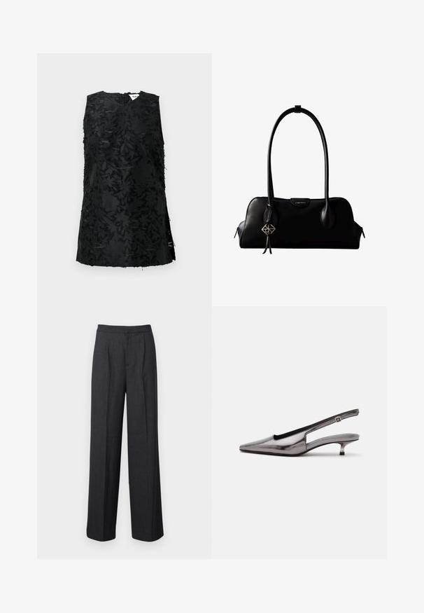 Top noir sans manches avec un motif floral texturé, doté d'un décolleté en V et de fentes sur les côtés. Fabriqué dans un tissu légèrement brillant. Fermeture à glissière au dos.; Pantalons larges gris foncé en tissu à texture lisse, présentant un devant plat et une taille ajustée.; Chaussure slingback gris métallique à bout pointu, petit talon kitten et bride réglable sur fond blanc.; Sac à main en cuir noir Calvin Klein avec de longues anses, une étiquette logo à l'avant et un charme géométrique argenté suspendu à une anse.