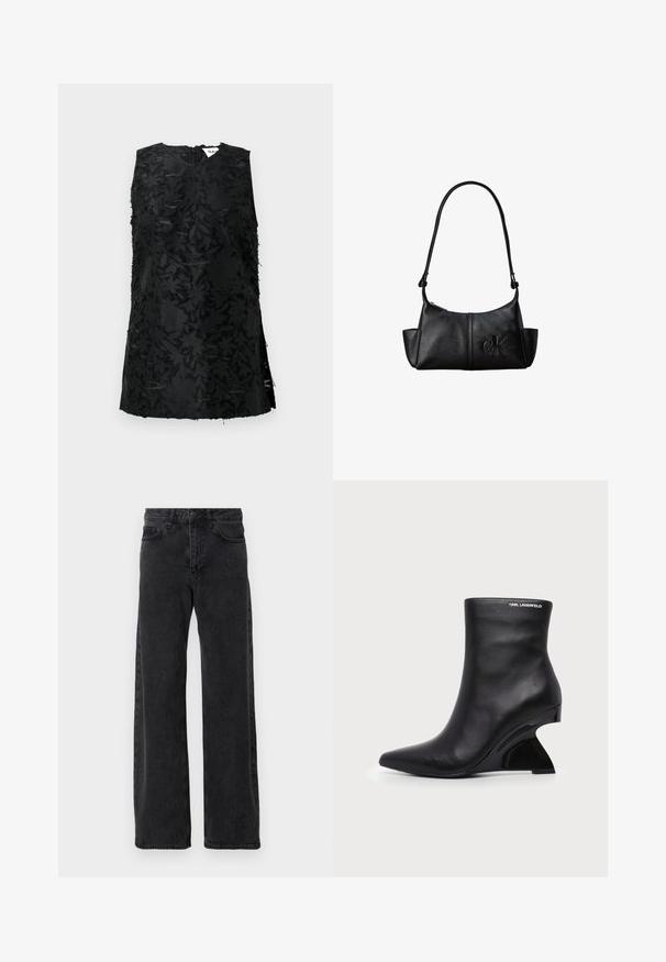 Sort ærmeløs top med struktureret blomsterdesign, der har V-udskæring og sideslidser. Fremstillet af stof med en let glans. Lynlås lukning i ryggen.; Sorte denimjeans med bred ben-design, der har en klassisk fem-lomme stil, knaplukning og diskret falmning.; Sort læderankelstøvle med buet skulptureret hæl og Karl Lagerfeld-logo nær den øverste kant på hvid baggrund.; Sort læder skuldertaske med lang rem, sidelommer og præget Calvin Klein-logo på fronten.