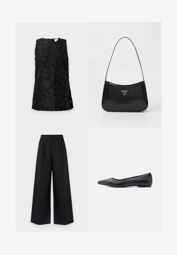 Top noir sans manches avec un motif floral texturé, doté d'un décolleté en V et de fentes sur les côtés. Fabriqué dans un tissu légèrement brillant. Fermeture à glissière au dos.; Pantalon large noir en tissu lisse, avec une taille élastique et sans poches visibles ni détails en métal.; Chaussure plate en cuir noire à bout pointu avec petit talon, vue de profil sur fond blanc.; Sac à épaule en cuir verni noir avec une forme incurvée, présentant un logo triangle en argent et une fermeture éclair. Texture lisse et bandoulière fine.