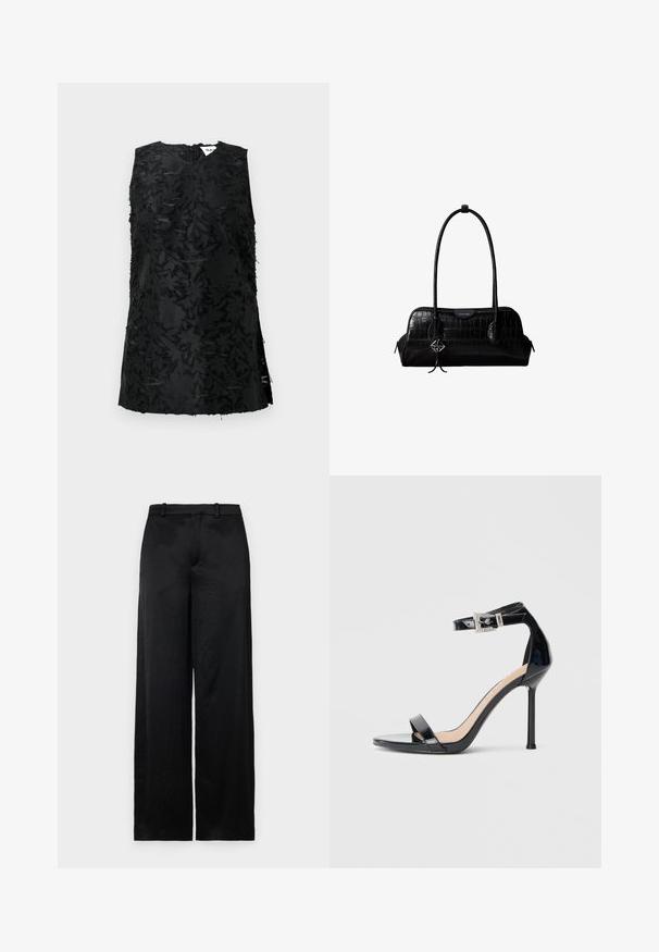 Top negro sin mangas con un patrón floral texturizado, con escote en V y aberturas laterales. Hecho de una tela con un ligero brillo. Cierre de cremallera en la parte posterior.; Pantalones de pierna ancha negros, hechos de una tela ligera y texturizada. Presentan una cinturilla lisa con trabillas para el cinturón y una silueta recta y fluida.; Sandalia de tacón alto en piel sintética negra con correa en el tobillo. Presenta un diseño minimalista, punta abierta y una hebilla con detalles de pedrería.; Bolso de hombro negro de cuero con textura de cocodrilo, con correas largas y un pequeño colgante de logo plateado en una correa.