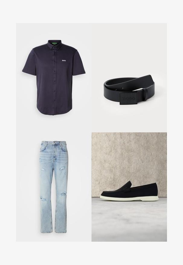 Kurzärmeliges Poloshirt in Dunkelblau aus glattem Baumwollmischgewebe, mit einem Button-Down-Kragen und dem gestickten "BOSS"-Logo auf der Brust.; Hellblaue Jeans mit legerer Passform, featuring distressed Stellen und fransigen Kanten. Der Stoff hat eine weiche, glatte Textur.; Schwarzer Slipper mit runder Zehenpartie, präsentiert sich mit einem strukturierten Obermaterial, glatter weißer Sohle und einem dezenten Branding-Detail an der Seite.; Schwarzer synthetischer Gürtel mit glatter Textur, ausgestattet mit einer rechteckigen schwarzen Schnalle, die mit "HUGO" geprägt ist, sowie roten Nähten als Akzent.
