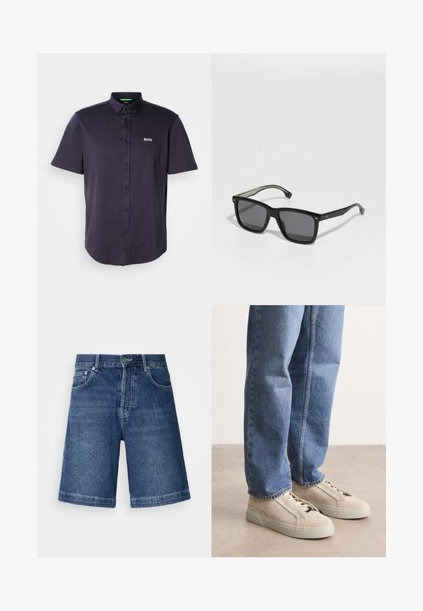 Kortärmelig polo in donker marineblauw van een gladde katoenmix, met een button-down kraag en het geborduurde "BOSS"-logo op de borst.; Donkerblauwe denim shorts met een rechte snit, vijf zakken en gestikte zoom. Voorzien van een sluiting met een knoop en rits.; BOSS GARYTENN_SDHDEL - Sneakers laag - natural ten; BOSS Zonnebril - black