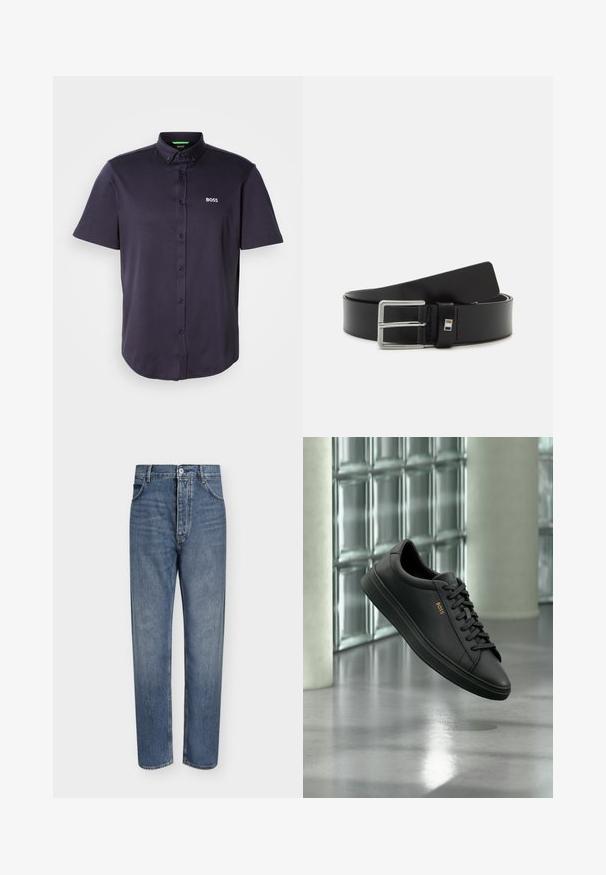 Kurzärmeliges Poloshirt in Dunkelblau aus glattem Baumwollmischgewebe, mit einem Button-Down-Kragen und dem gestickten "BOSS"-Logo auf der Brust.; Gerade geschnittene blaue Jeans aus Denim mit hoher Taille, Frontknopfverschluss und Fünf-Taschen-Design auf einem schlichten hellen Hintergrund.; Schwarzer flacher Ledersneaker mit schwarzen Schnürsenkeln und goldenem BOSS-Logo an der Seite, schwebend über einem glänzenden grauen Boden in einem modernen Innenraum.; Schwarzer Leder-Gürtel mit glatter Textur, ausgestattet mit einer silbernen Metallschnalle und einem rechteckigen Akzent in der Nähe der Schnalle.