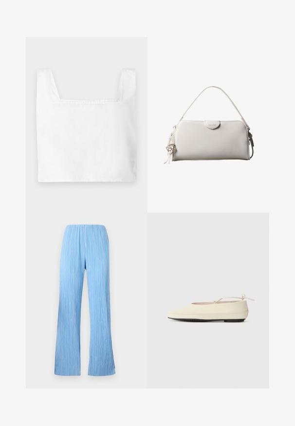 Top cropped blanc avec un décolletage carré, en tissu léger. Présente des coutures nettes et de larges bretelles.; Pantalons plissés bleu clair avec un design à jambes larges, présentant des rayures verticales et une taille élastique pour plus de confort. Tissu lisse et léger.; Des chaussures plates de couleur crème avec un bout arrondi, une sangle à la cheville et une semelle en caoutchouc noir contrastante. Matériau lisse avec un detailing minimal.; Sac à main rectangulaire blanc Calvin Klein avec une seule poignée, design minimaliste et pampilles décoratives avec un charm métallique géométrique sur le côté.