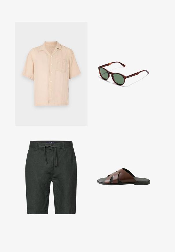 Kurzärmeliges, hellbeiges Leinenhemd mit spitzem Kragen, Knopfleiste und Brusttasche. Weiche Textur und lockere Passform.; Dunkelgrüne Leinen-Shorts mit einem Kordelzugbund. Verfügt über seitliche Taschen und einen geraden Schnitt. Glatte Textur mit subtiler sheen.; Braune Herren-Pantoletten aus Leder mit gekreuzten Riemen und schwarzer Sohle, seitlich auf weißem Hintergrund dargestellt.; Braune Schildpatt-Sonnenbrille mit runden Rahmen, grünen Gläsern und gemusterten Bügeln. Mit Markenlogo an einem Bügel.