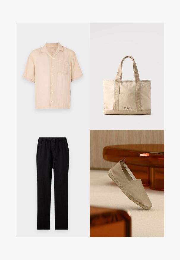 Chemise en lin beige clair à manches courtes, avec un col pointu, une fermeture à boutons et une poche poitrine. Texture lisse et coupe décontractée.; Pantalon noir droit avec taille élastique et cordon, en tissu léger.; Espadrille en toile beige avec semelle tressée et petite languette tricolore sur le talon, posée sur un tapis clair avec un mobilier teinté d'ambre en arrière-plan.; Sac cabas en toile beige avec deux anses et une poche avant, "LES DEUX" brodé sur la poche.