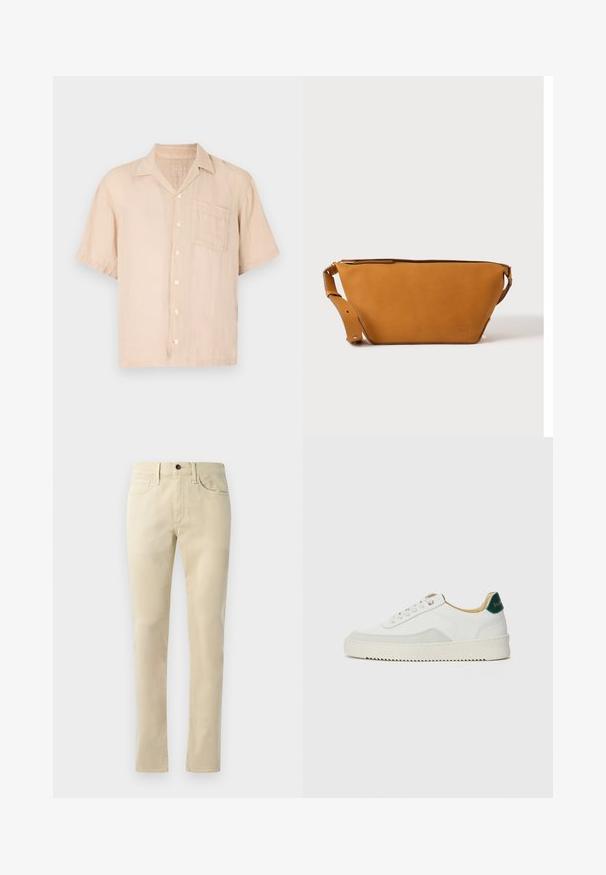 Korte mouwen, lichtbeige linnen shirt met een puntige kraag, knopen aan de voorkant en een borstzak. Glad textuur en een relaxte pasvorm.; Beige rechte broek van een katoenmengsel. Heeft een vijfzakkenontwerp, riemlussen en een zwarte knoopsluiting op de taille.; Witte sneaker met suède accenten, ronde neus, platte veters en een crème rubberen zool. Bevat groene branding op de hiel.; Lichtbruine leren crossbodytas met verstelbare band en ritssluiting, getoond tegen een effen lichte achtergrond.
