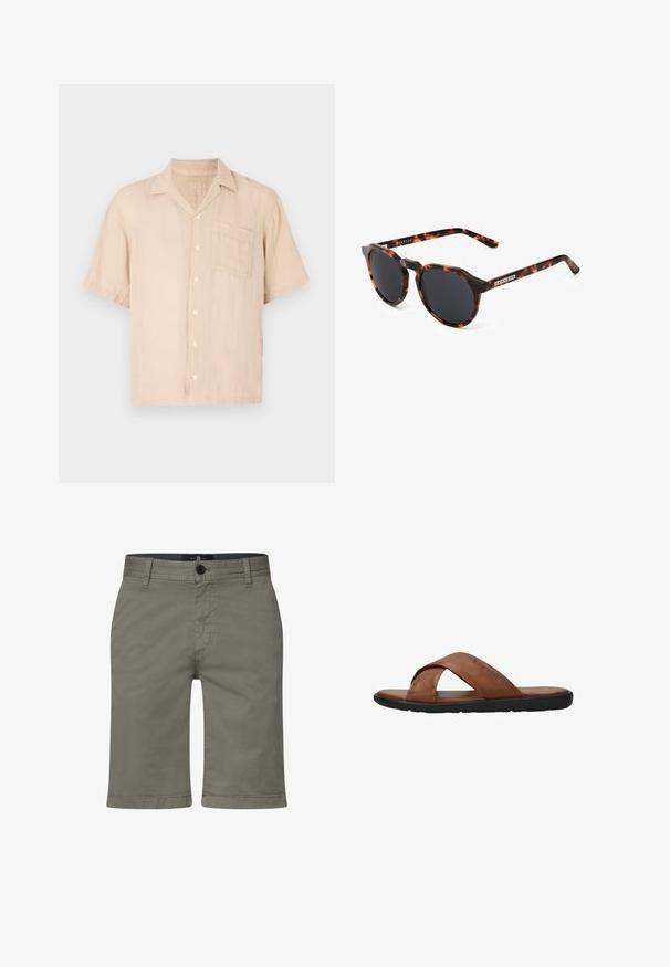 Korte ærmer, lyse beige linned skjorte med spidse kraver, knaplukning foran og en brystlomme. Glat tekstur og afslappet pasform.; Khaki shorts lavet af en blød bomuldsblanding, med lynlås og knaplukning samt forlommer. Lige ben-design, knælængde pasform.; Brun lædersandal med krydsede remme, sort flad sål og "bugatti" præget på den øverste rem, vist i siden mod hvid baggrund.; Runde solbriller med et skildpadde-mønstrede stel, sorte linser og en mat finish. Har et brandlogo på brillestangen.
