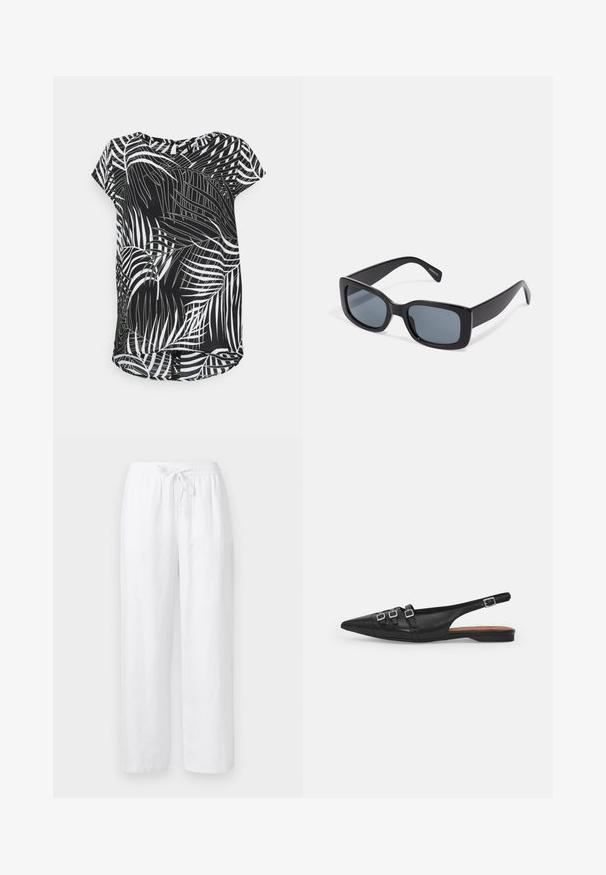 ONLY Petite ONLFRIDA - Blusa - black; Pantalones blancos de mezcla de lino de corte holgado con cintura elástica y cordón frontal, diseño de pierna recta.; Zapato plano slingback de cuero negro con puntera puntiaguda, que presenta dos correas horizontales y hebillas plateadas cuadradas, tacón bajo y textura suave.; Gafas de sol rectangulares negras con lentes oscuros, montura de plástico grueso y patillas anchas. Superficie lisa y diseño anguloso.