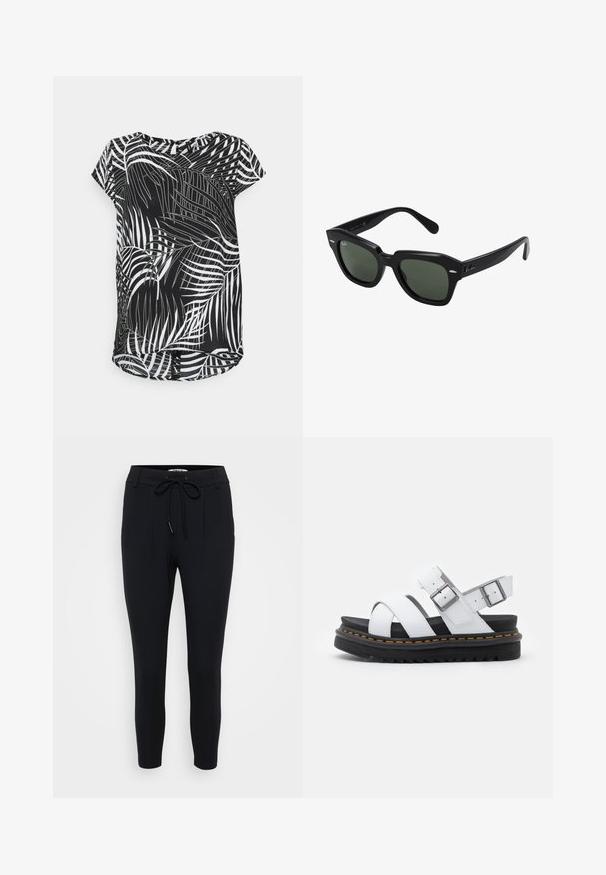 ONLY Petite ONLFRIDA - Bluse - black; Sorte tapered bukser lavet af strækstof, med en snøre i taljen, to frontfolder og en glat tekstur.; Hvide lædersandaler med justerbare spænder, lagdelt sort platformssål og orange syning langs kanten.; Sorte firkantede solbriller med mørkegrønne linser, der har kraftige stel og sølvdetaljer på siderne. Fremstillet i Italien.