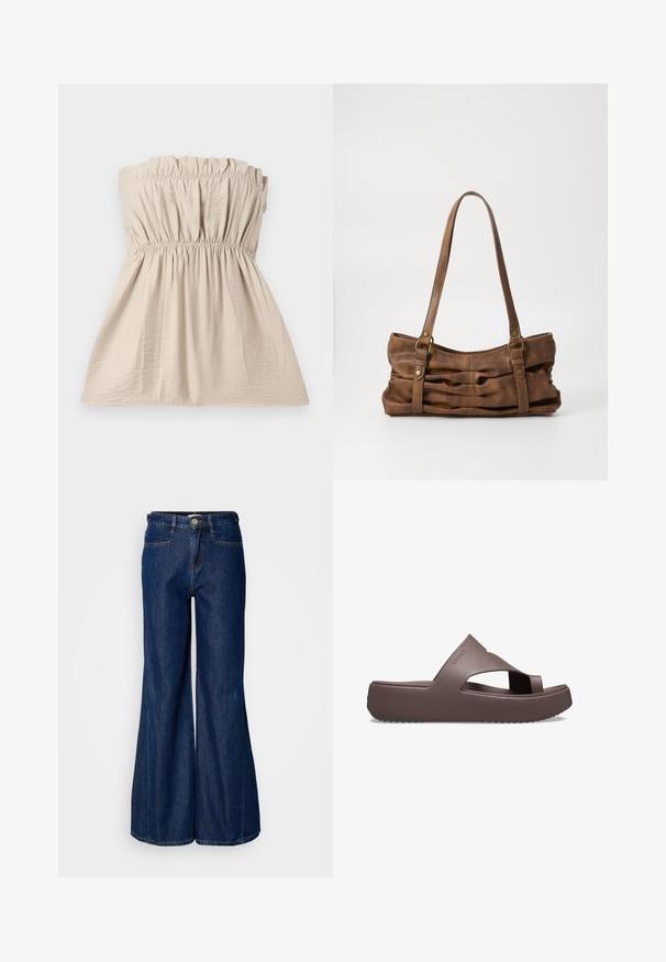 Haut beige sans bretelles avec texture froncée, bande élastique en haut et à la taille, et une silhouette fluide. Tissu léger avec un subtil brillant.; Jean en denim foncé à jambe large avec une taille haute, cinq poches et fermeture à bouton en métal. Texture lisse et détails de couture subtils.; Sandales à plateforme marron en matériau en caoutchouc, présentant un design à sangles croisées, un bout ouvert et une semelle texturée pour une meilleure adhérence. Logo sur le côté.; Even&Odd Sac à main - brown