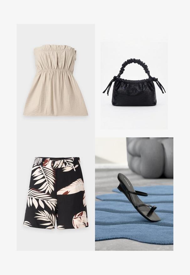 Stropfri beige top med samlet tekstur, elastisk bånd øverst og i taljen, samt en svajende silhuet. Letvægtsstof med subtil glans.; Sorte shorts med et tropisk bladmønster i beige og rustfarvede nuancer. Har et matchende bælte med guldfarvet hardware og en klassisk pasform.; Sort sandal med remme og tå-loop vist på et blåt tekstureret tæppe, med en stor grå dekorativ genstand sløret i baggrunden.; Sort taske med krokodilletekstur, rynket øverste kant, samlet hank og snore med kvaster på hver side mod en hvid baggrund.