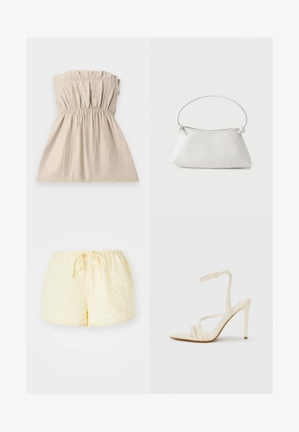 Top sin tirantes de color beige con textura fruncida, banda elástica en la parte superior y la cintura, y una silueta fluida. Tejido ligero con un sutil brillo.; Pantalones cortos de algodón amarillos con cintura elástica y cordón ajustable. Presentan patrones florales bordados y un detalle de dobladillo ondulado.; Sandalias de tacón alto beige con punta estrecha, que cuentan con tres tiras frontales y una tira delgada en el tobillo con hebilla. Textura lisa, diseño minimalista.; Bolso de mano de cuero blanco tejido con asa redondeada y extremos de la correa anudados, exhibido sobre un fondo liso.