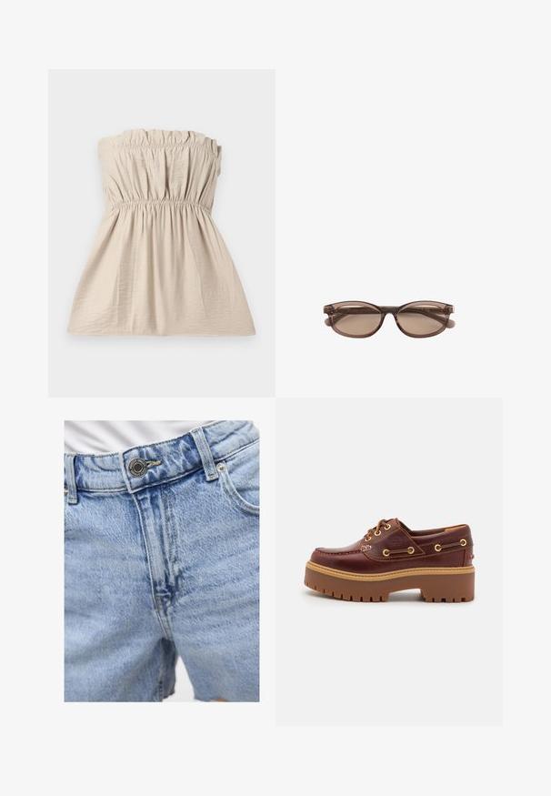 Top sin tirantes de color beige con textura fruncida, banda elástica en la parte superior y la cintura, y una silueta fluida. Tejido ligero con un sutil brillo.; Pantalones cortos de denim azul claro con cintura alta, costuras visibles, dos bolsillos delanteros y cierre de botón de metal. Textura suave.; Zapato de barco de cuero marrón con una suela de goma marrón gruesa, ojales dorados y costuras de contraste. Presenta un logo en el lado.; Gafas de sol ovaladas translúcidas marrones con lentes tintadas y varillas delgadas colocadas sobre un fondo blanco.