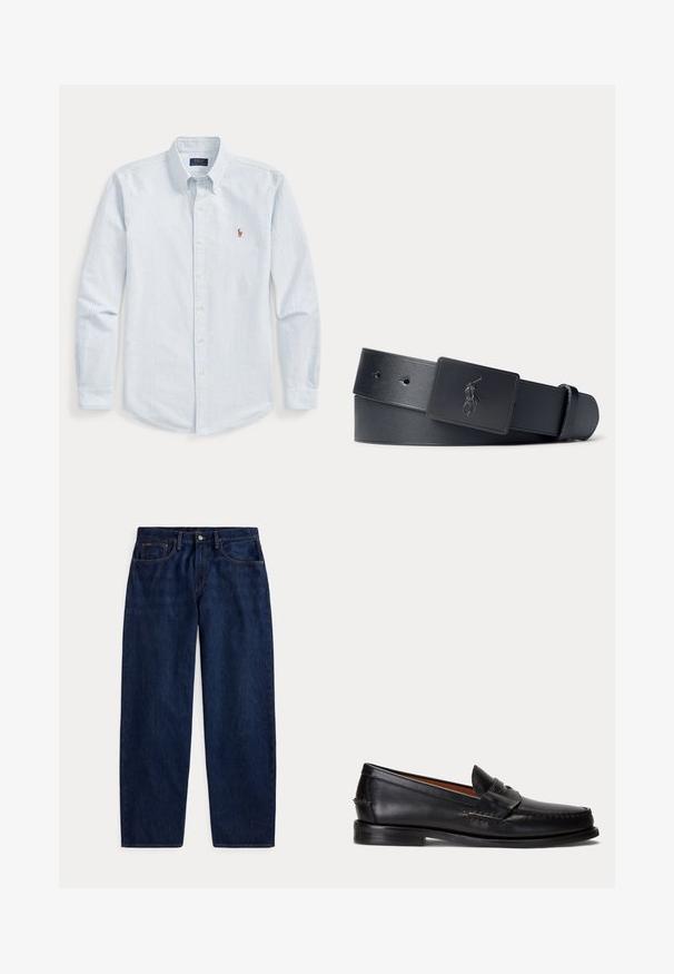 Langärmliges Hemd mit Knöpfen, hellblauen und weißen Streifen, geknöpftem Kragen und kleinem gesticktem Logo auf der Brust.; Dunkelblaue Jeans mit geradem Bein, fünf Taschen, vorderem Knopf und Reißverschluss, flach auf weißem Hintergrund dargestellt.; Schwarzer Lederloafer mit niedrigem Absatz und Pennyriemendetail, von der Seite auf hellgrauem Hintergrund gezeigt.; Schwarzer Ledergürtel mit einer schwarzen, rechteckigen Schnalle mit eingeprägtem Polo-Spieler-Logo.