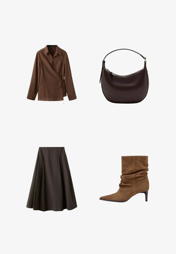 Chemise portefeuille marron à manches longues avec col, fermeture à boutons et nouée sur le côté, sur un fond blanc uni.; Jupe noire trapèze à taille haute avec ourlet évasé, fabriquée en tissu lisse, présentée sur fond blanc.; Botte mi-mollet en daim marron avec tige froissée, bout pointu, et talon moyen fin sur fond blanc.; Sac à main marron foncé en cuir en forme de croissant avec une unique bandoulière et une fermeture éclair supérieure.