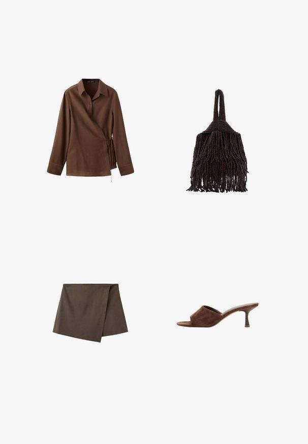 Chemise portefeuille marron à manches longues avec col, fermeture à boutons et nouée sur le côté, sur un fond blanc uni.; Mini-jupe cache-cœur asymétrique marron en tissu lisse, avec un panneau avant chevauchant la couche de base.; Mule en daim marron à bout ouvert, talon en bois incurvé de hauteur moyenne et design à enfiler sur fond blanc.; Petit sac à main marron foncé couvert de rangées denses de perles avec une anse bouclée et un design frangé et texturé.
