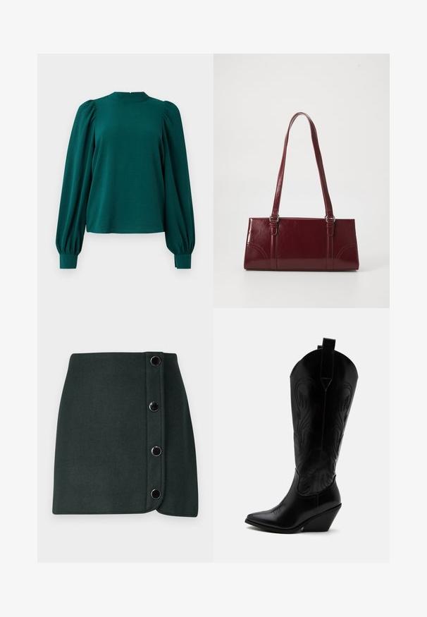 Cyan blouse met lange, geblokte mouwen en een hoge halslijn. Gemaakt van een textuurstof, met geplooide details op de schouders en manchetten.; Donkergroene wolmix wikkelrok met een zijsluiting, voorzien van vijf metalen knopen en een zachte textuur.; Zwarte leren cowboylaars met puntige neus, schuine blokhak, decoratieve stiksels en aantreklusjes bovenaan tegen een witte achtergrond.; Bourgondische handtas van glanzend materiaal, rechthoekige vorm, met twee schouderbanden en subtiele gebogen accenten aan de voorkant.