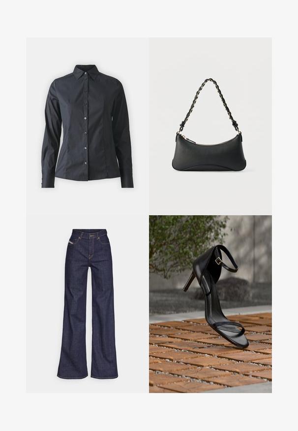 Zwarte blouse met lange mouwen, puntige kraag, sluiting met knopen aan de voorkant, getailleerde pasvorm en een gladde katoenen textuur. Voorzien van zwarte knopen.; Donkerblauwe wijde jeans van denimstof met een hoge taille, voorzien van oranje stiksels, een vijf-pocket ontwerp en een knoopsluiting.; Zwarte hoge hak sandaal met enkelbandje zweeft boven een houten tegelvloer buiten, met een onscherpe groene en stenen achtergrond.; Zwarte lederen schoudertas met een gebogen rechthoekige vorm, gouden ketting verweven in een gevlochten zwarte band, en een ritssluiting bovenop.