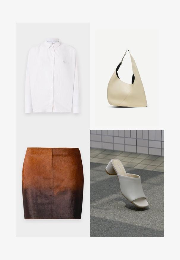 Chemise blanche à manches longues avec fines rayures verticales et petit col, présentée sur un fond uni.; Jupe mini dégradé brun en matériau doux, présentant une texture lisse, une silhouette ajustée et des coutures précises le long des bords.; Mule blanche à bout ouvert avec talon bloc sur sol pavé près d'un mur carrelé, inclinée pour montrer les vues latérale et supérieure.; Sac à bandoulière en cuir lisse couleur crème, de forme triangulaire arrondie, avec une sangle réglable et une boucle en argent.
