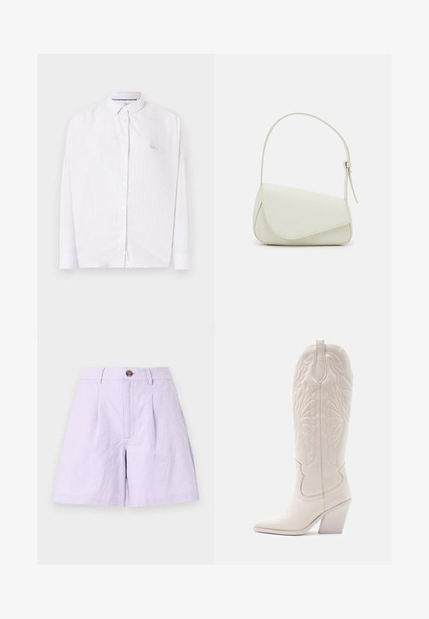 Camisa blanca de manga larga con botones, con sutiles rayas verticales y un pequeño cuello, mostrada sobre un fondo sencillo.; Pantalones cortos lila de tela ligera con un frente plisado, cierre de botón, trabillas para cinturón y bolsillos laterales. Bordes limpios y diseño clásico.; Bota vaquera de cuero blanco con punta afilada y tacón bloqueado. Presenta patrones de costura intrincados en el caña y una textura suave.; Bolso de mano de imitación cuero blanco con una forma triangular estructurada, correa ajustable única y cierre con solapa acentuada en curva.