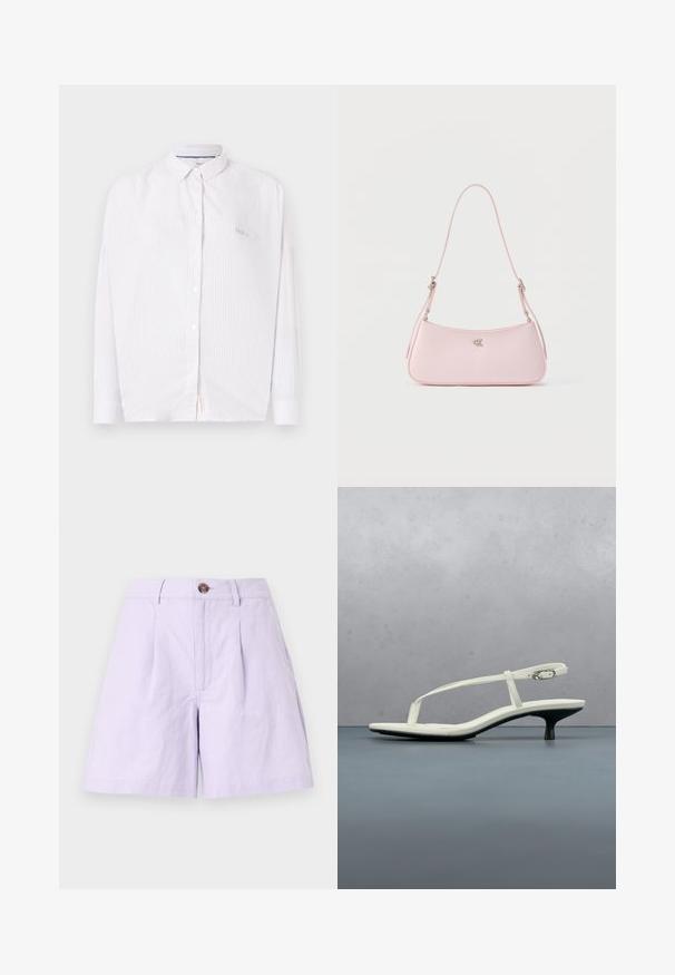 Camisa blanca de manga larga con botones, con sutiles rayas verticales y un pequeño cuello, mostrada sobre un fondo sencillo.; Pantalones cortos lila de tela ligera con un frente plisado, cierre de botón, trabillas para cinturón y bolsillos laterales. Bordes limpios y diseño clásico.; Sandalia blanca de tacón kitten con tiras y punta afilada, flotando sobre un suelo de baldosas de madera al aire libre, con un fondo desenfocado de plantas y pared.; Pequeño bolso de hombro rosa pastel con correa delgada y logo plateado "CK" centrado sobre fondo liso.