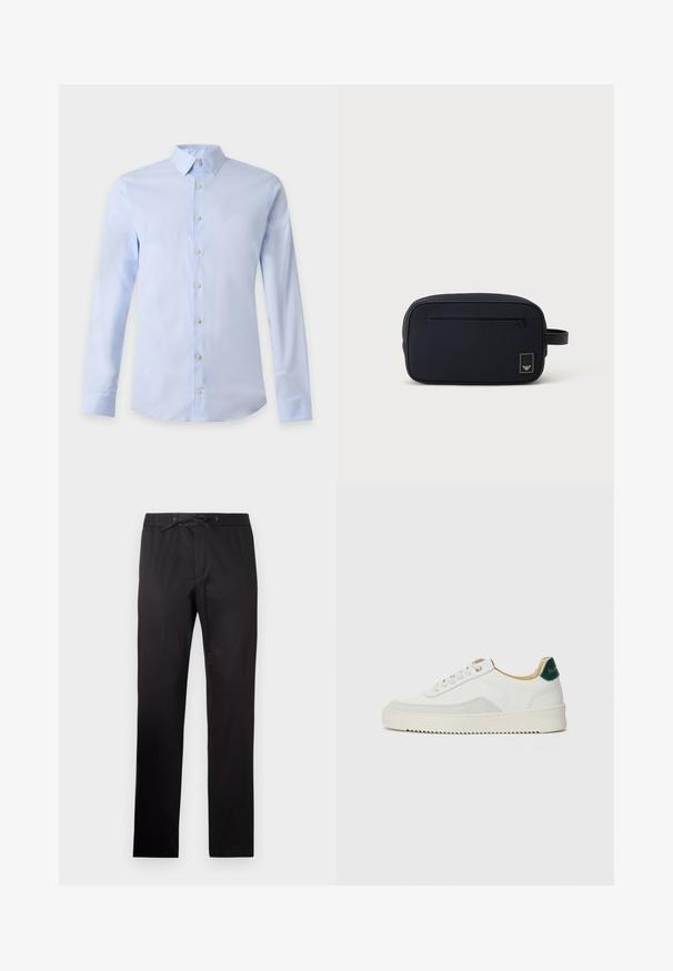 Hellblaues Herrenhemd mit langen Ärmeln, klassischem Kragen und weißen Knöpfen vorne auf einfarbigem Hintergrund.; Schwarze Hose mit elastischem Bund und Kordelzug. Sie zeichnet sich durch eine glatte Textur und ein gerades Bein Design aus. Minimalistischer Stil ohne Muster.; Weiße Sneaker mit Wildlederelementen, runder Zehenpartie, flachen Schnürsenkeln und einer cremefarbenen Gummisohle. Mit grünen Markenlogo am Fersenbereich.; Schwarze rechteckige Kulturtasche mit vorderer Reißverschlusstasche und kleinem Logopatch, mit seitlichem Tragegriff.
