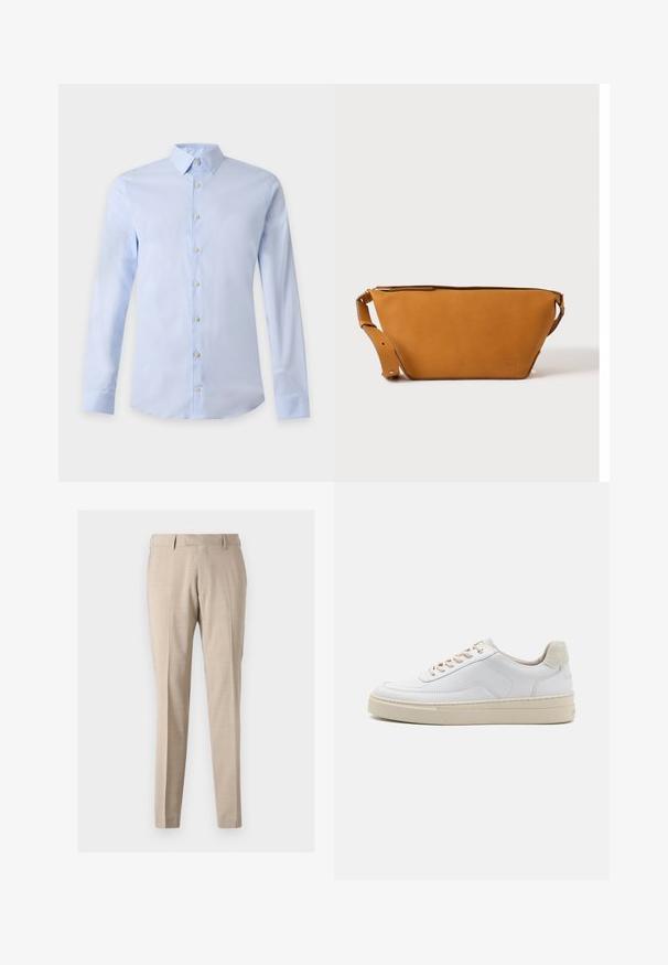 Lyseblå herreskjorte med lange ærmer, klassisk krave og hvide knapper foran på en ensfarvet baggrund.; Beige tapered bukser lavet af letvægtsstof, med forreste folder, to sidelommer og en glat tekstur.; Hvide sneakers med en glat læderoverdel, beige snørebånd og en tekstureret beige ruskindsheel-tab. Hævet sål for ekstra højde.; Lys brun læder crossbody taske med justerbar rem og lynlås, vist mod en ensartet lys baggrund.