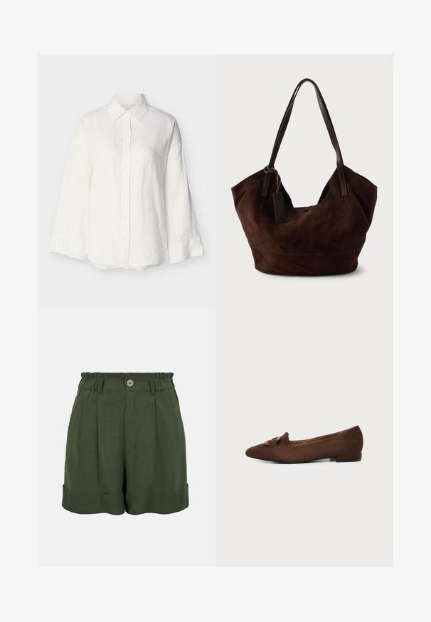 Chemise blanche à manches longues avec col pointu et larges poignets, présentée sur un fond clair uni.; Short taille haute vert foncé avec un seul bouton, des passants de ceinture, des plis et des revers.; Chaussure plate marron à bout pointu avec détail décoratif de boucle sur le dessus, sur fond clair uni.; Handbag en cuir suédé marron avec une forme douce et souple. Doté de poignées en cuir et d'une étiquette décorative. Texture plain avec des coutures courbes.