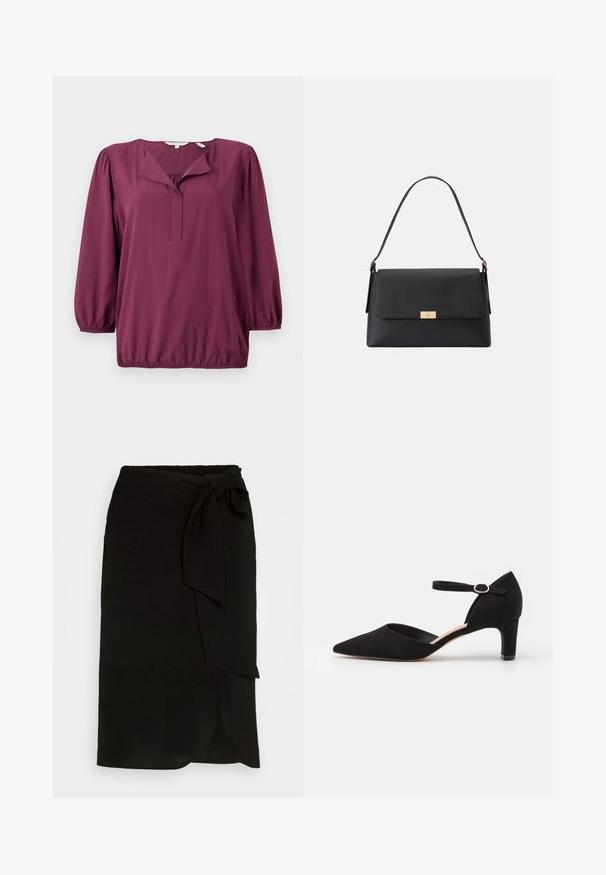 TOM TAILOR WITH V-NECK - Blouse - bordeaux red; Jupe portefeuille noire en tissu texturé, dotée d'un lien sur le côté, d'un design droit et d'une fente à l'ourlet.; Pompe en suède noir avec un bout pointu, une bride de cheville avec une boucle circulaire et un petit talon carré. Texture lisse et design minimaliste.; Sac à main noir en matériau texturé avec une forme structurée. Présente une fermeture à rabat, un accent en métal doré et une poignée unique.