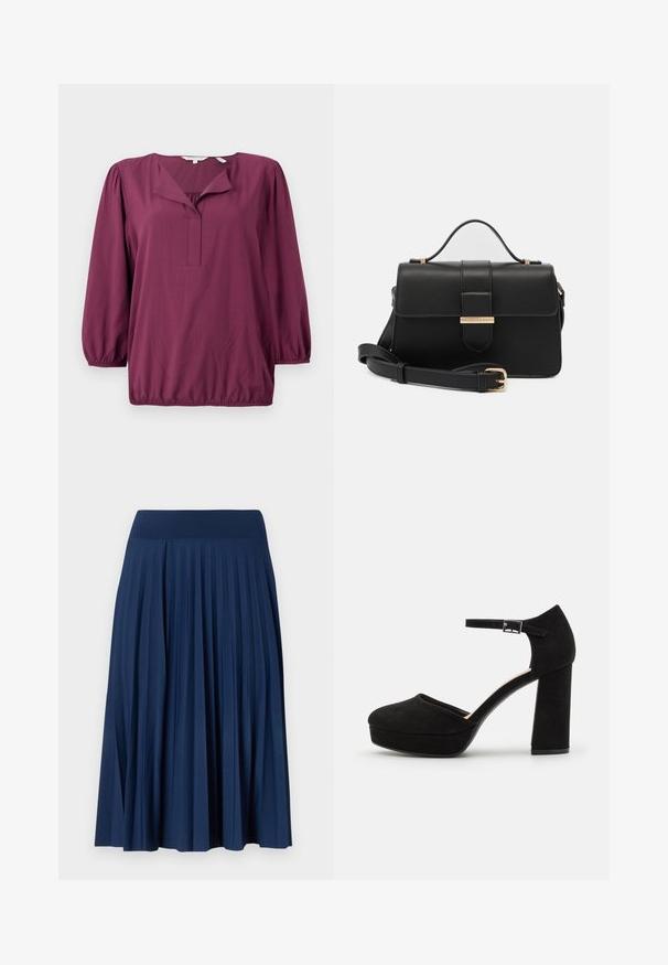 TOM TAILOR WITH V-NECK - Bluse - bordeaux red; Mørkeblå plisseret nederdel med en bred talje, lavet af blødt stof. Har lodrette folder for tekstur og let bevægelse.; Sorte ruskinds platform hæle med en tyk blokhæl, rund tå og ankelrem fastgjort med en metalspænde. Glat tekstur hele vejen igennem.; Sort læderhåndtaske med gyldne metalaccenter, rektangulær form, flaplukning, justerbar skulderrem, glat tekstur, minimalistisk design.