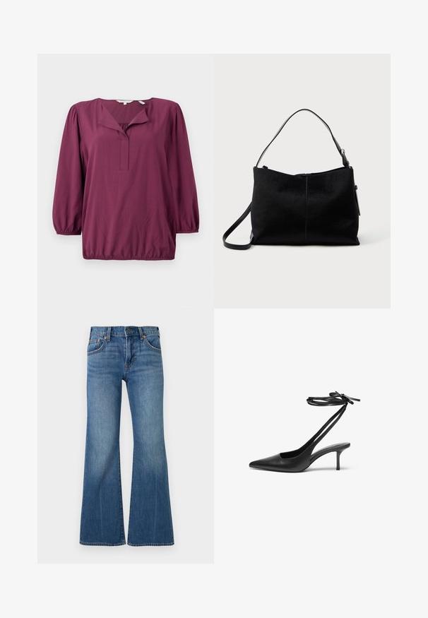 TOM TAILOR WITH V-NECK - Bluse - bordeaux red; Blå denim jeans med høj talje, klassisk fem-lomme design, metal knap og vidde ben med vidde.; Sorte læder stiletto sko med spids tå, åben bag, og ankelstropper bundet i en sløjfe. Slank 3-tommers hæl. Glat overflade, minimalistisk design.; Sort skuldertaske med en glat, tekstureret overflade, prydet med en enkelt rem og en lynlåslukning øverst. Kompakt rektangulær form.