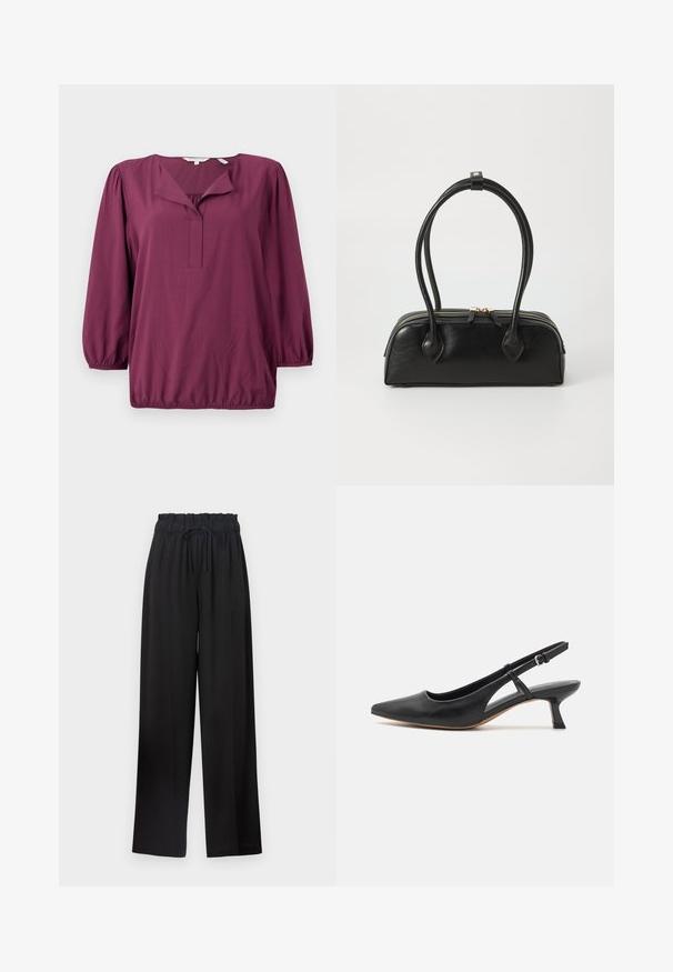 TOM TAILOR WITH V-NECK - Bluse - bordeaux red; Sorte bredde bukser med elastisk talje og snor. Fremstillet af en glat stof uden synlige mønstre eller hardware.; Sort læder slingback-sko med spidse tæer, lav blokhæle, udskårne sidedele og justerbar ankelrem. Glat tekstur hele vejen igennem.; Sort læder håndtaske med to langstrakte håndtag, lynlåslukning og afrundet form; glat tekstur med en subtil blank finish.