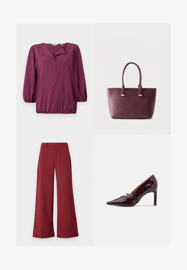 TOM TAILOR WITH V-NECK - Μπλούζα - bordeaux red; Πλατιά παντελόνια σε σκούρο μπορντό χρώμα. Φτιαγμένα από έναν λείο, ελαστικό ύφασμα με ραφές κατά παραγγελία και κλείσιμο με φερμουάρ μπροστά.; Πατενταρισμένο μπορντό ψηλοτάκουνο παπούτσι με μυτερή μύτη, λουράκι στον αστράγαλο με χρυσές λεπτομέρειες και κομψό, γυαλιστερό φινίρισμα. Υψωμένος στιλέτο τακούνι.; Σκούρο μοβ δερμάτινη τσάντα τύπου tote με δύο λαβές και μικρό χρυσό λογότυπο μάρκας στο μπροστινό μέρος, σε απλό ανοιχτό φόντο.