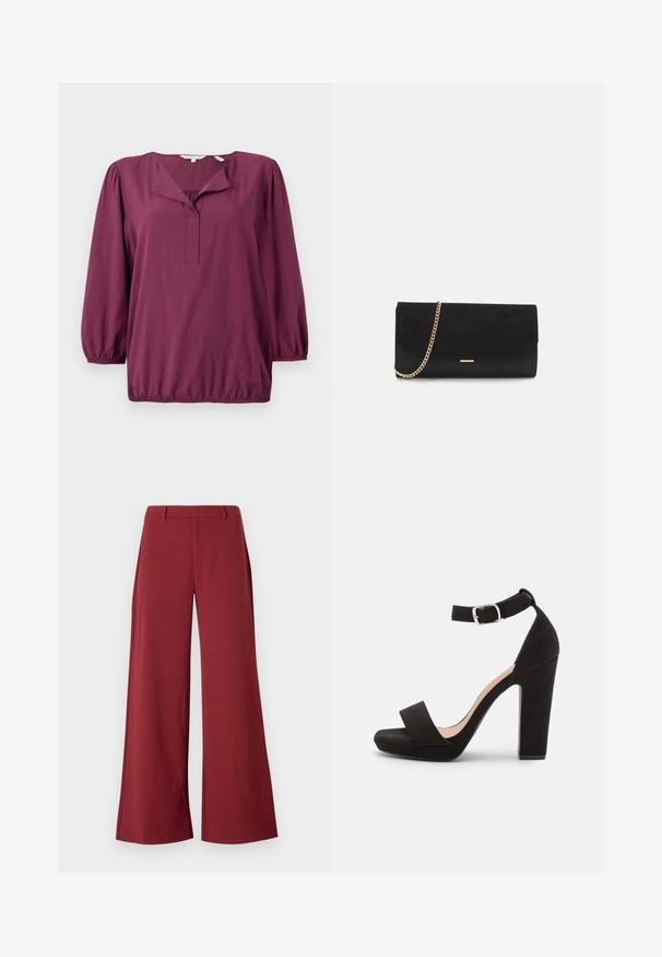TOM TAILOR WITH V-NECK - Bluse - bordeaux red; Bredde bukser i en dyb burgunderfarve. Lavet af et glat, strækbart stof med skræddersyede sømme og lynlås foran.; Anna Field by Zalando Sandaler - black; Sort clutch taske lavet af ruskind med en struktureret overflade, udstyret med en guld kædestrop og et elegant, kantet design.